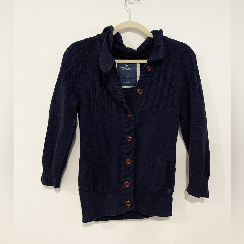 American Eagle Y2K Knit Navy Blue Button Sweater Cardigan with Hood Size M